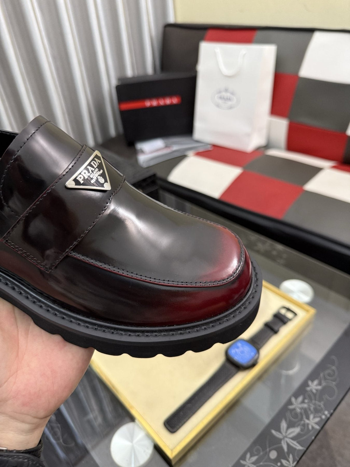 Prada Black Plaque Strap Loafers — side