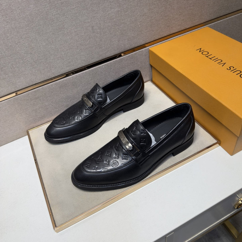 Louis Vuitton Embossed Metal-Bar Loafers — front