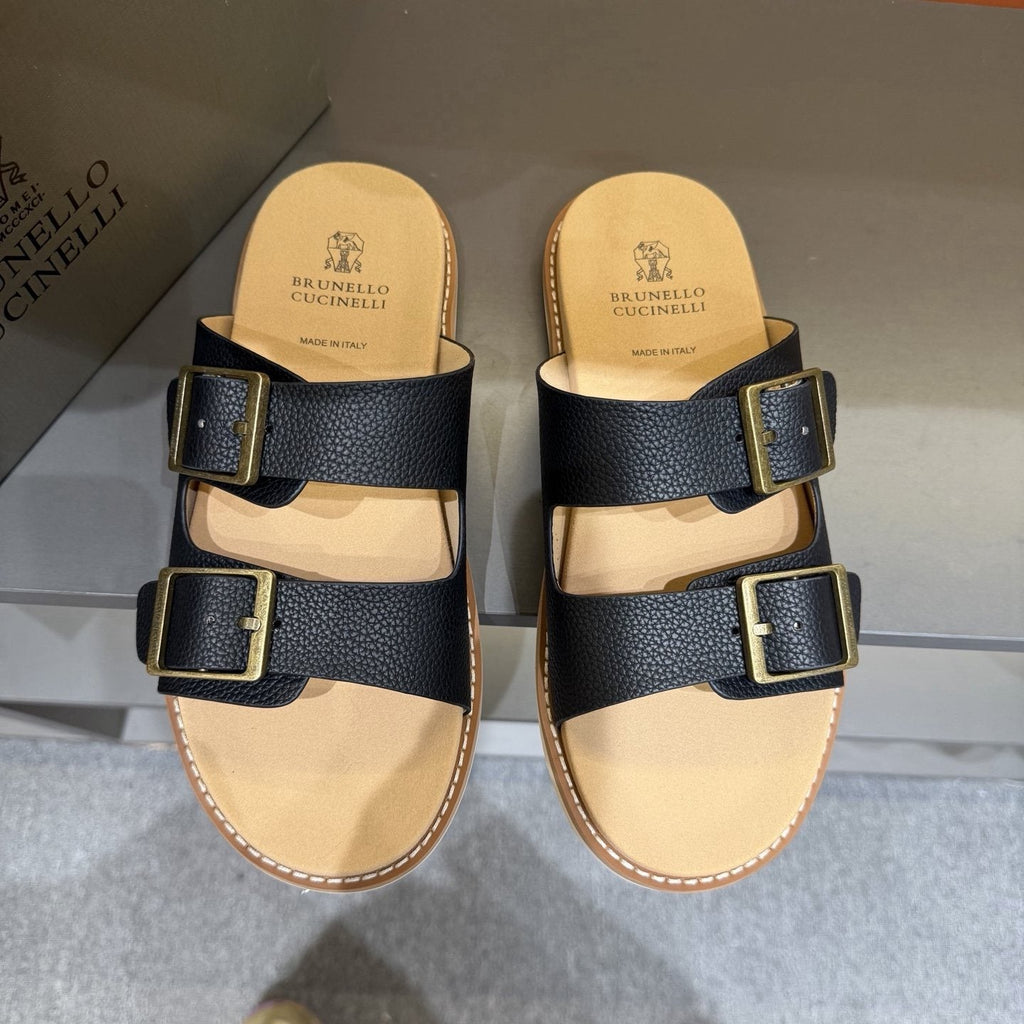 Brunello Cucinelli Double-Buckle Slide Sandals — front