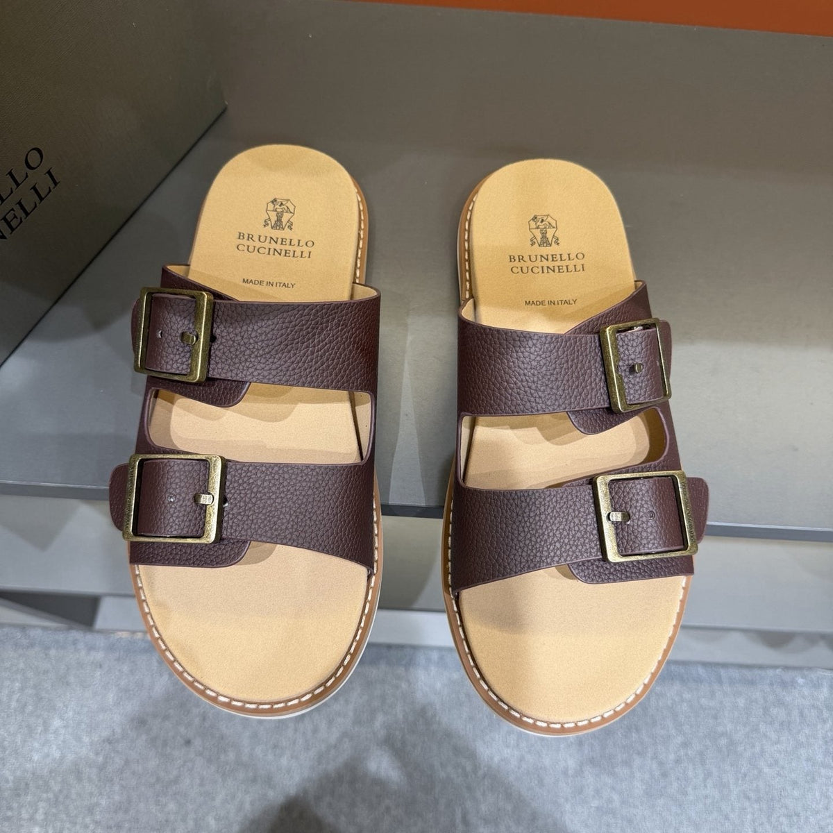 Brunello Cucinelli Double-Buckle Slide Sandals — front