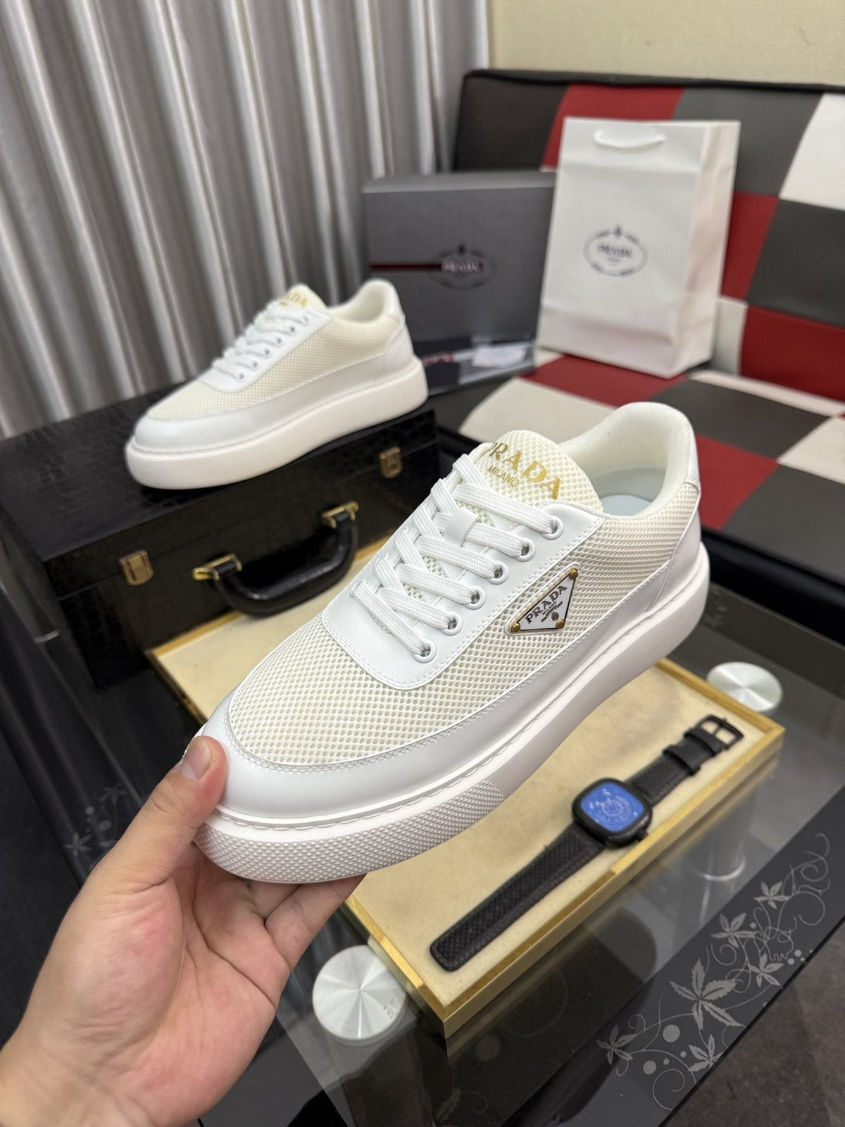 Prada Triangle Badge Low-Top Sneakers — front