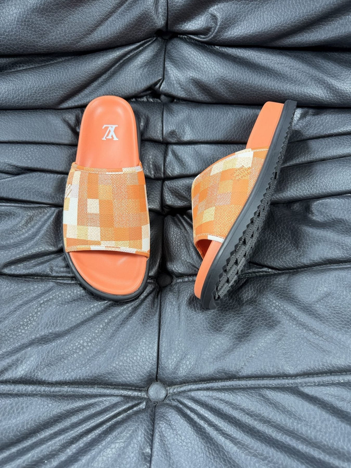 Louis Vuitton Blue Checkerboard Slide Sandals — front