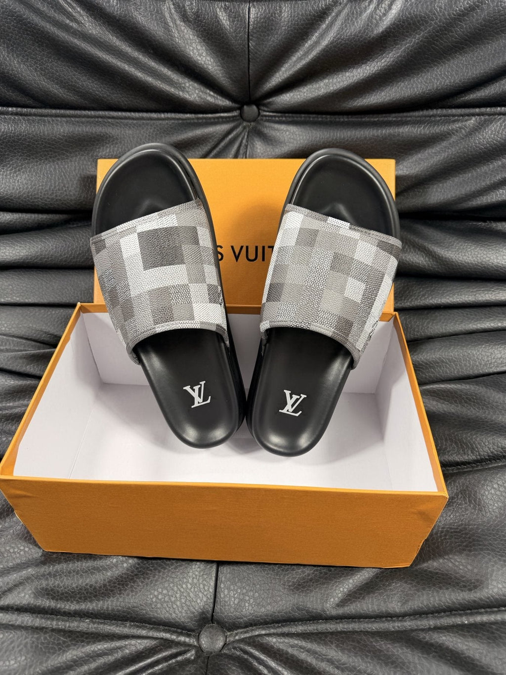 Louis Vuitton Blue Checkerboard Slide Sandals — front