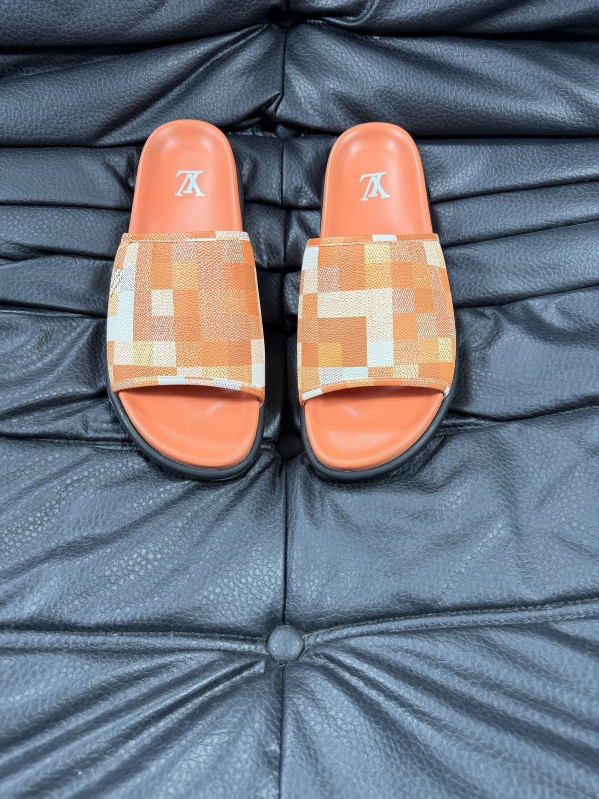Louis Vuitton Slate Blue Checkered Slide Sandals — front