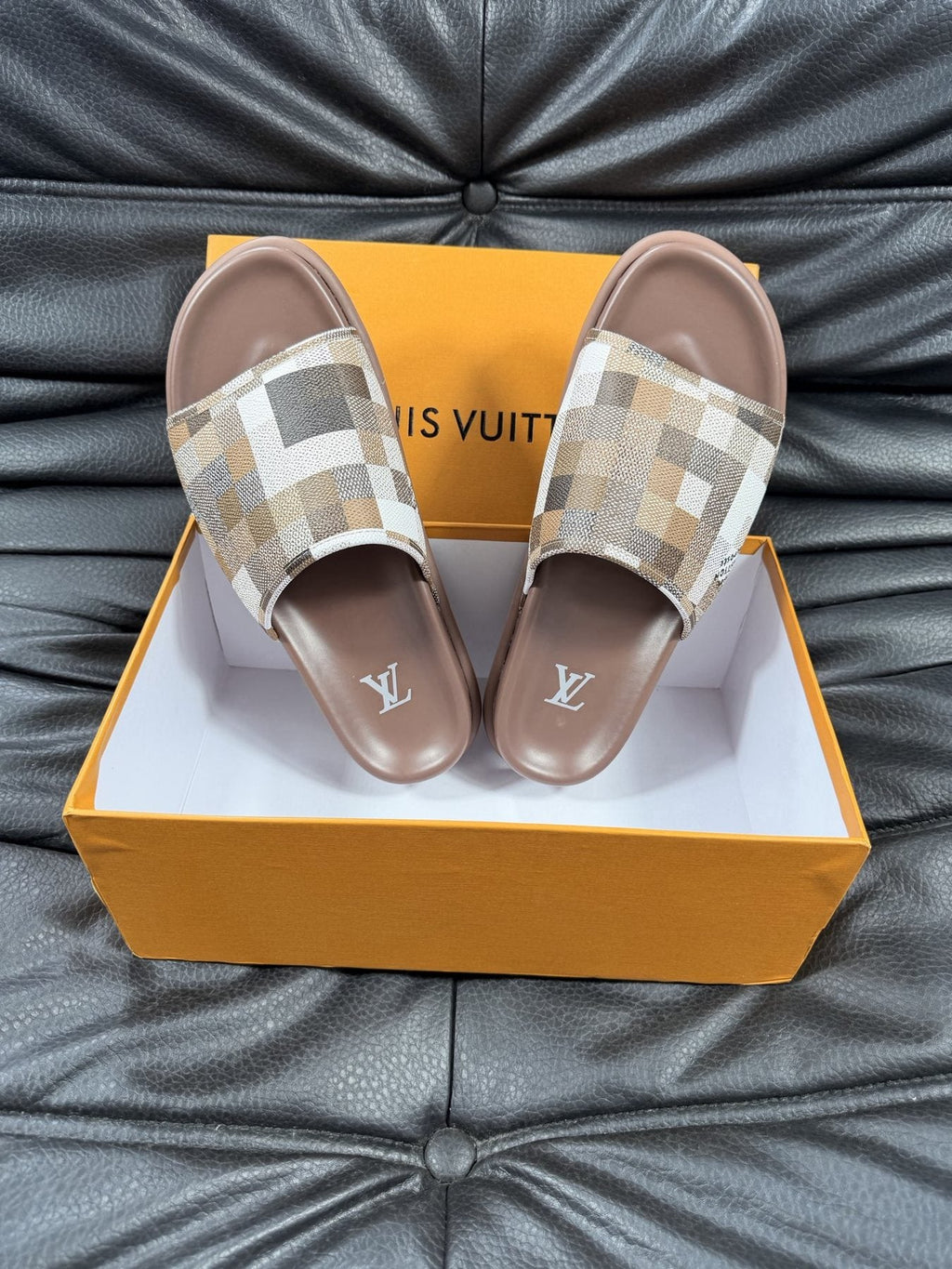 Louis Vuitton Blue Checkerboard Slide Sandals — front