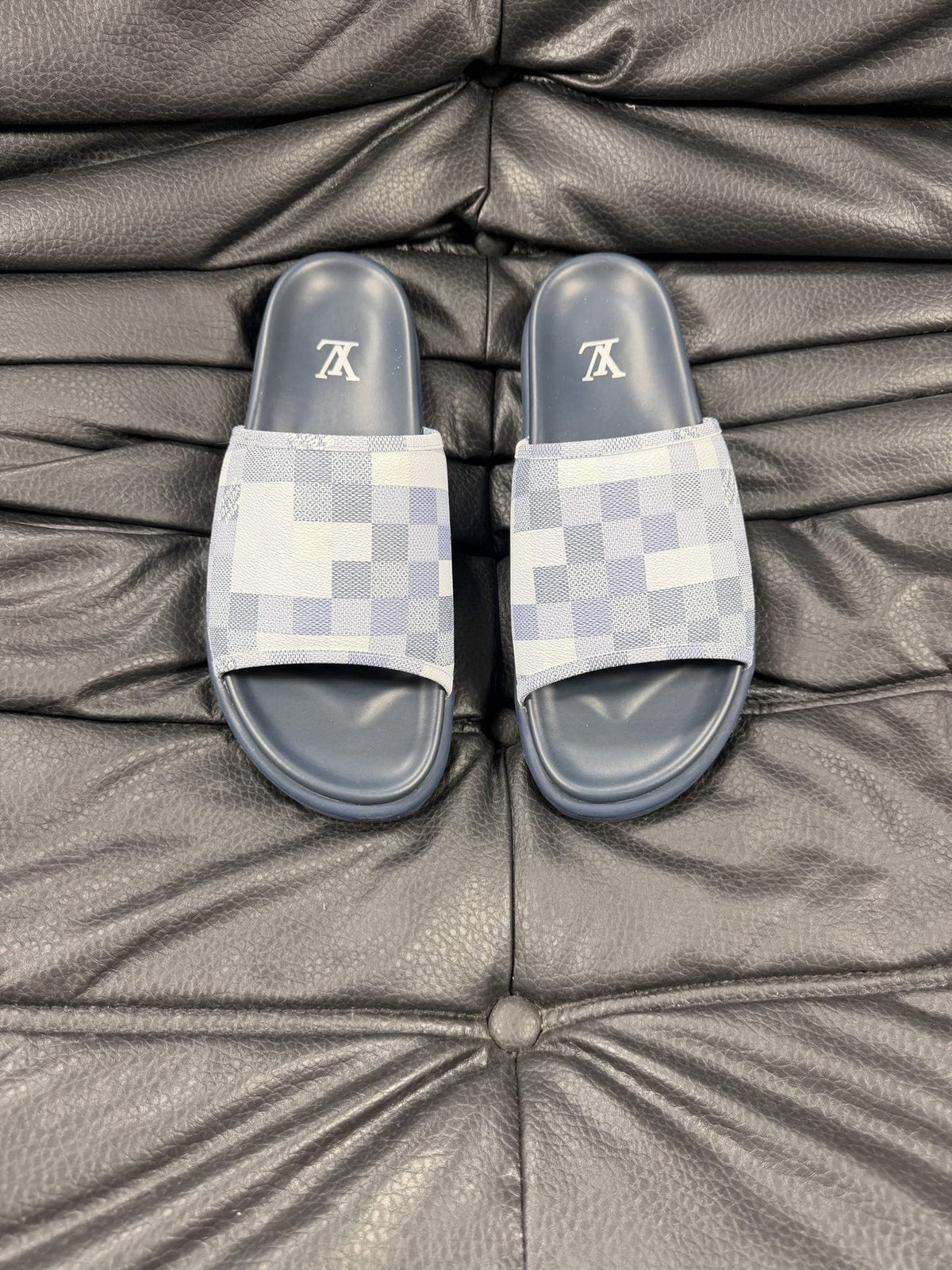 Louis Vuitton Blue Checkerboard Slide Sandals — front