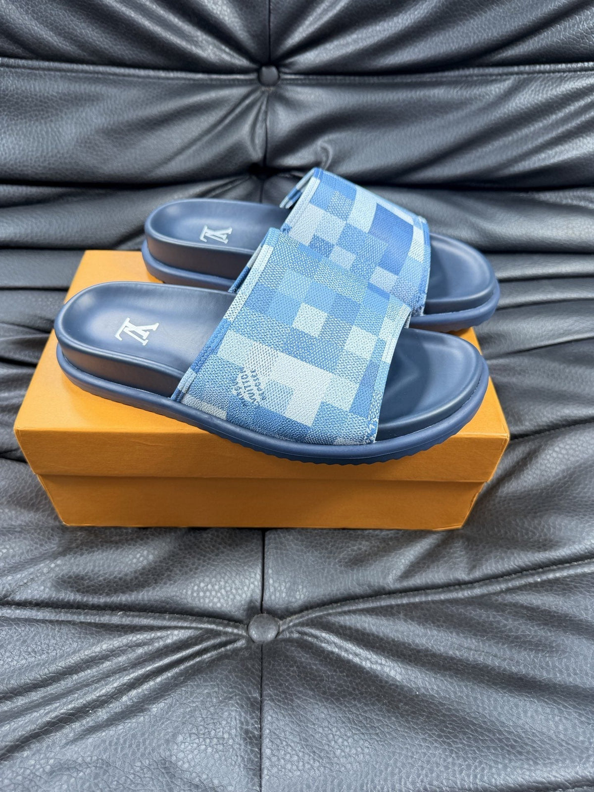 Louis Vuitton Blue Checkerboard Slide Sandals — hero