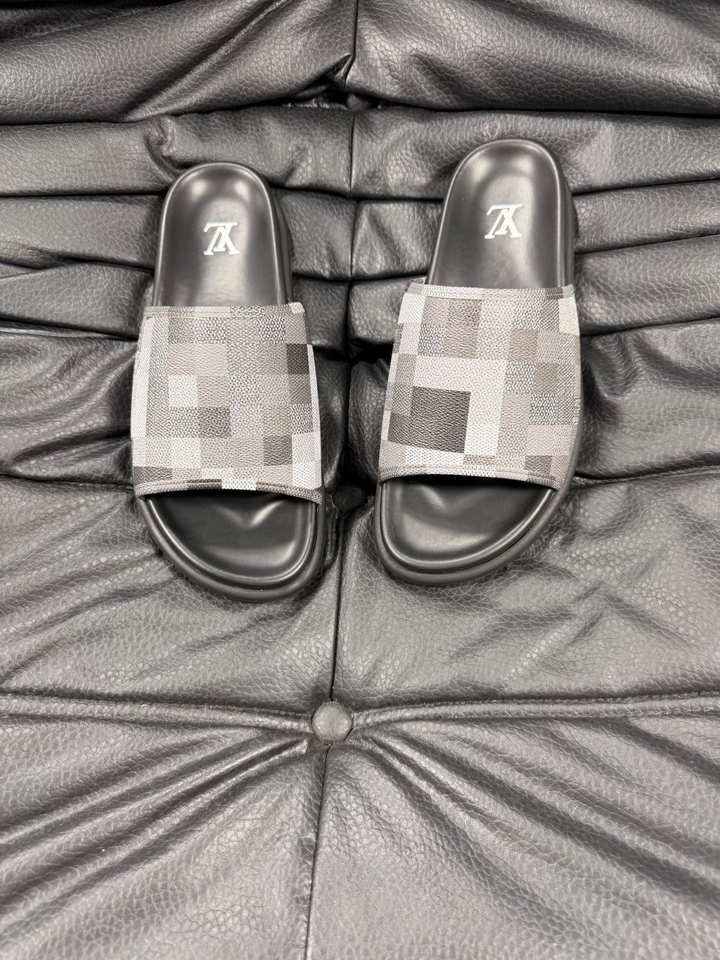 Louis Vuitton Blue Checkerboard Slide Sandals — front