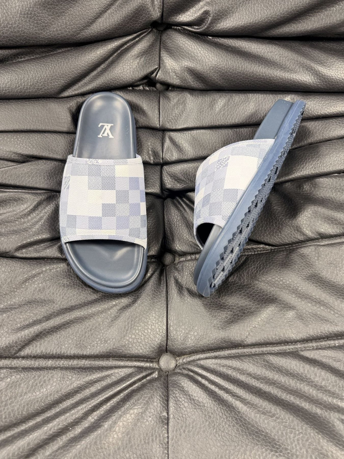 Louis Vuitton Blue Checkerboard Slide Sandals — side