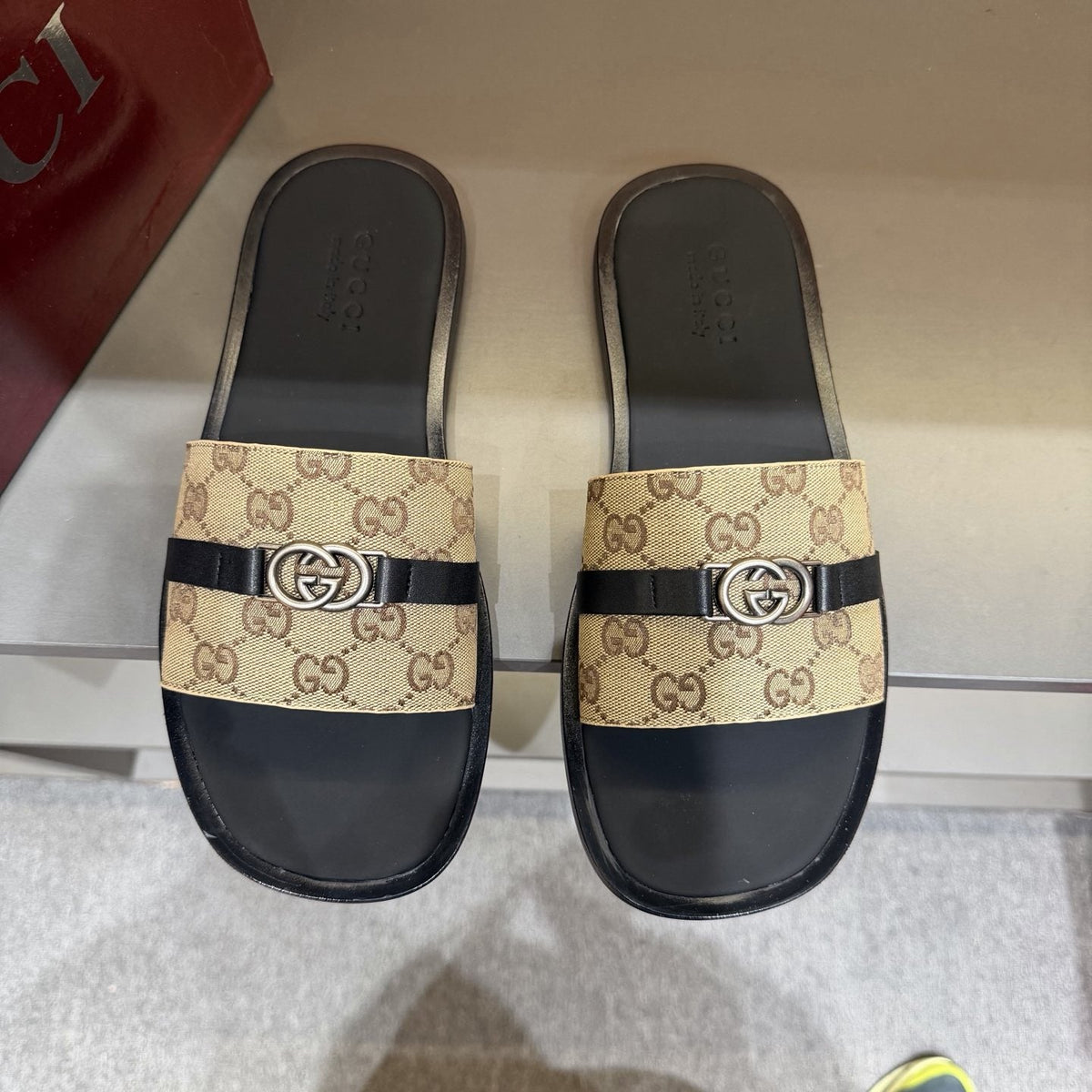 Gucci Beige Patterned Strap Slide Sandals — hero