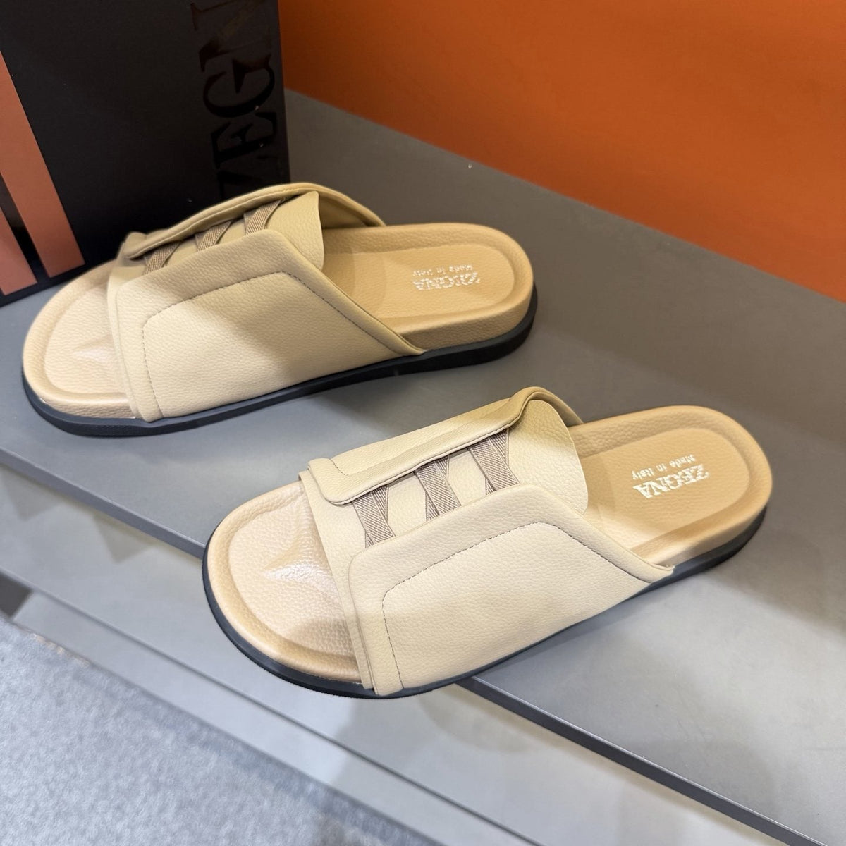 ZEGNA Textured Strap Slide Sandals — front
