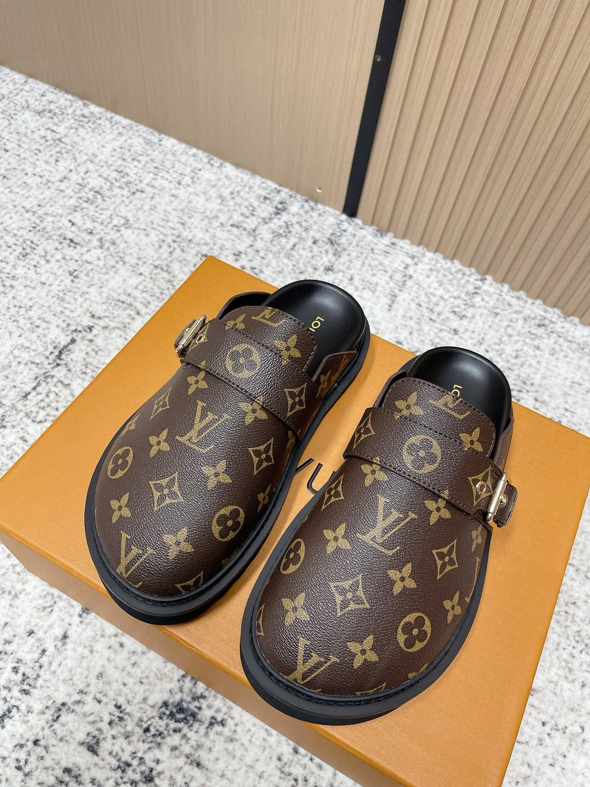 Louis Vuitton Monogram Buckle Clog Sandals — front