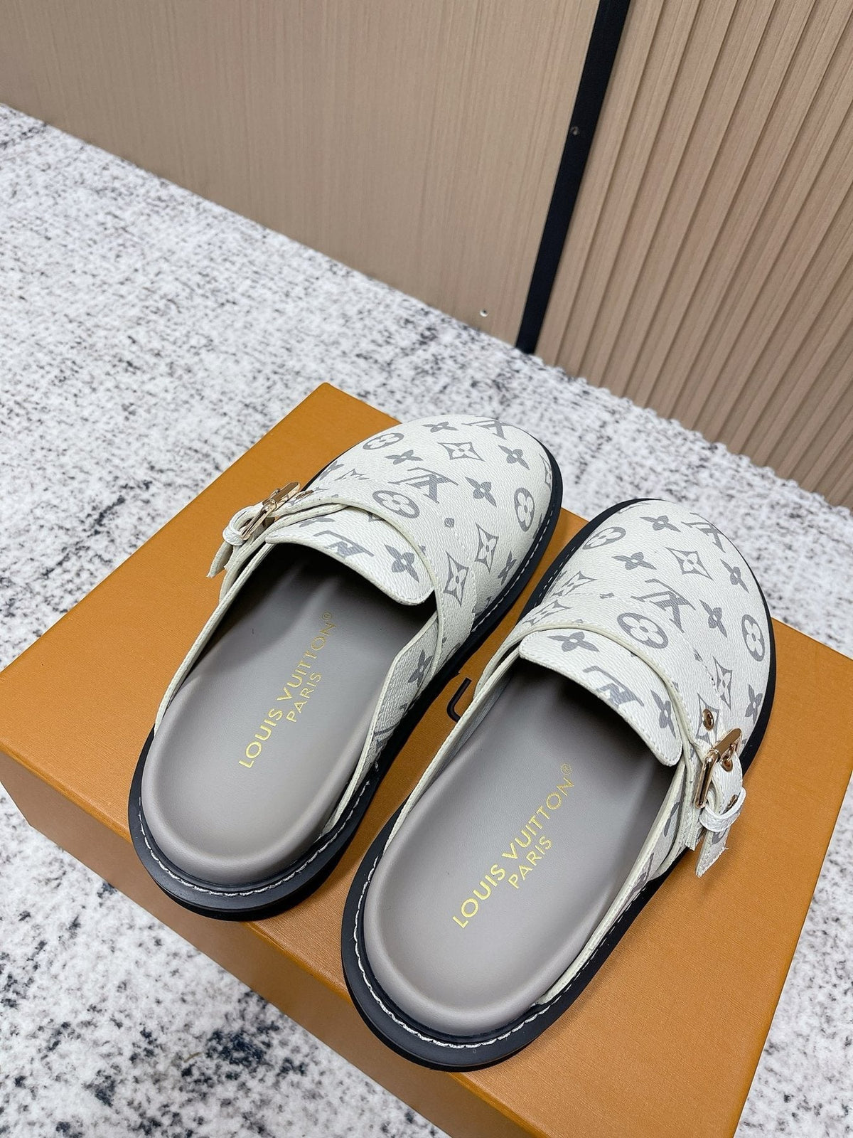 Louis Vuitton Monogram Buckle Clog Sandals — front