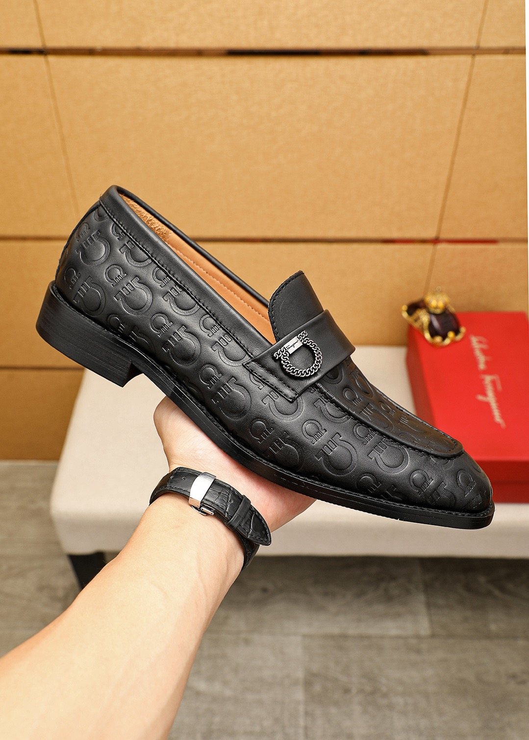 Ferragamo Burgundy Embossed Slip-On Shoes — model
