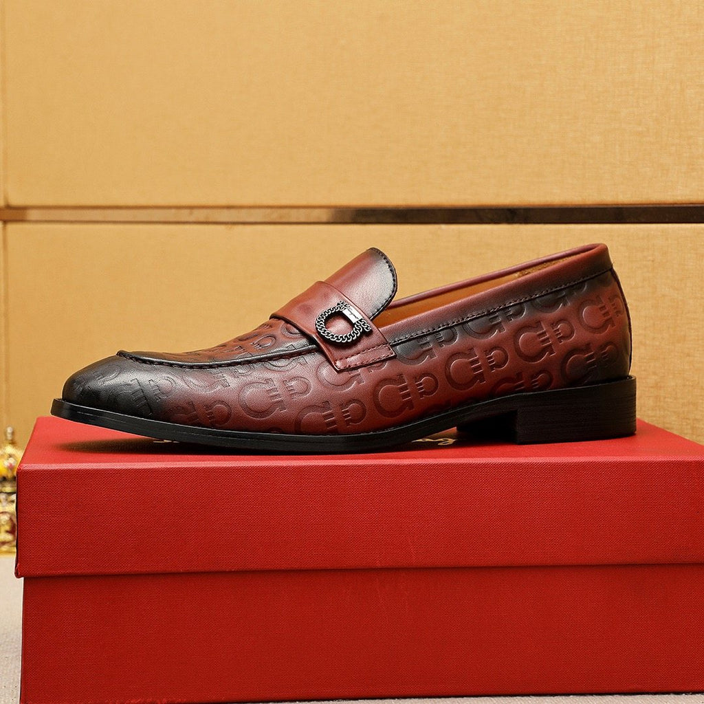 Ferragamo Burgundy Embossed Slip-On Shoes — side