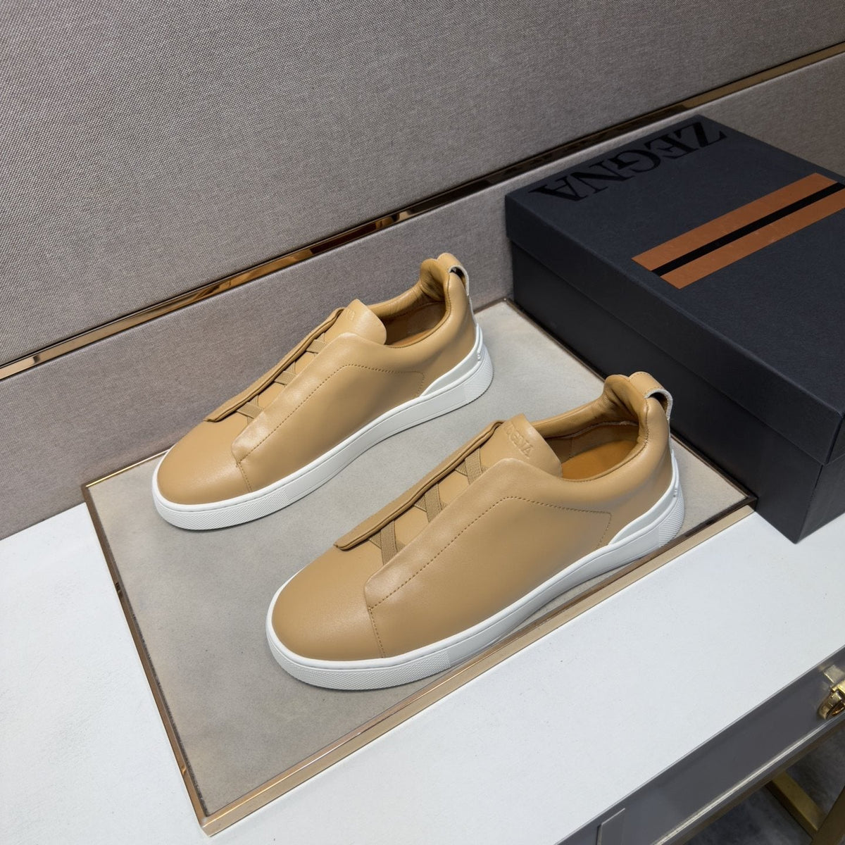 ZEGNA Brown Leather Slip-On Sneakers — front