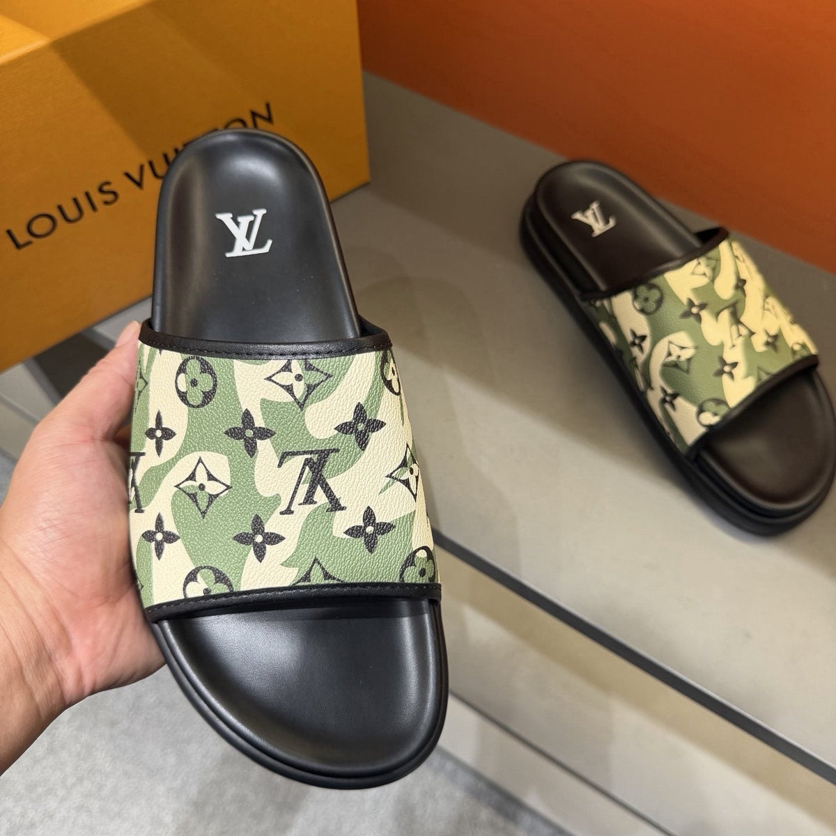 Louis Vuitton Monogram Pattern Slide Sandals — model