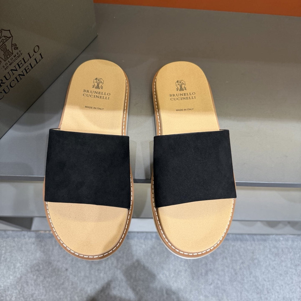 Brunello Cucinelli Wide-Strap Slide Sandals — front