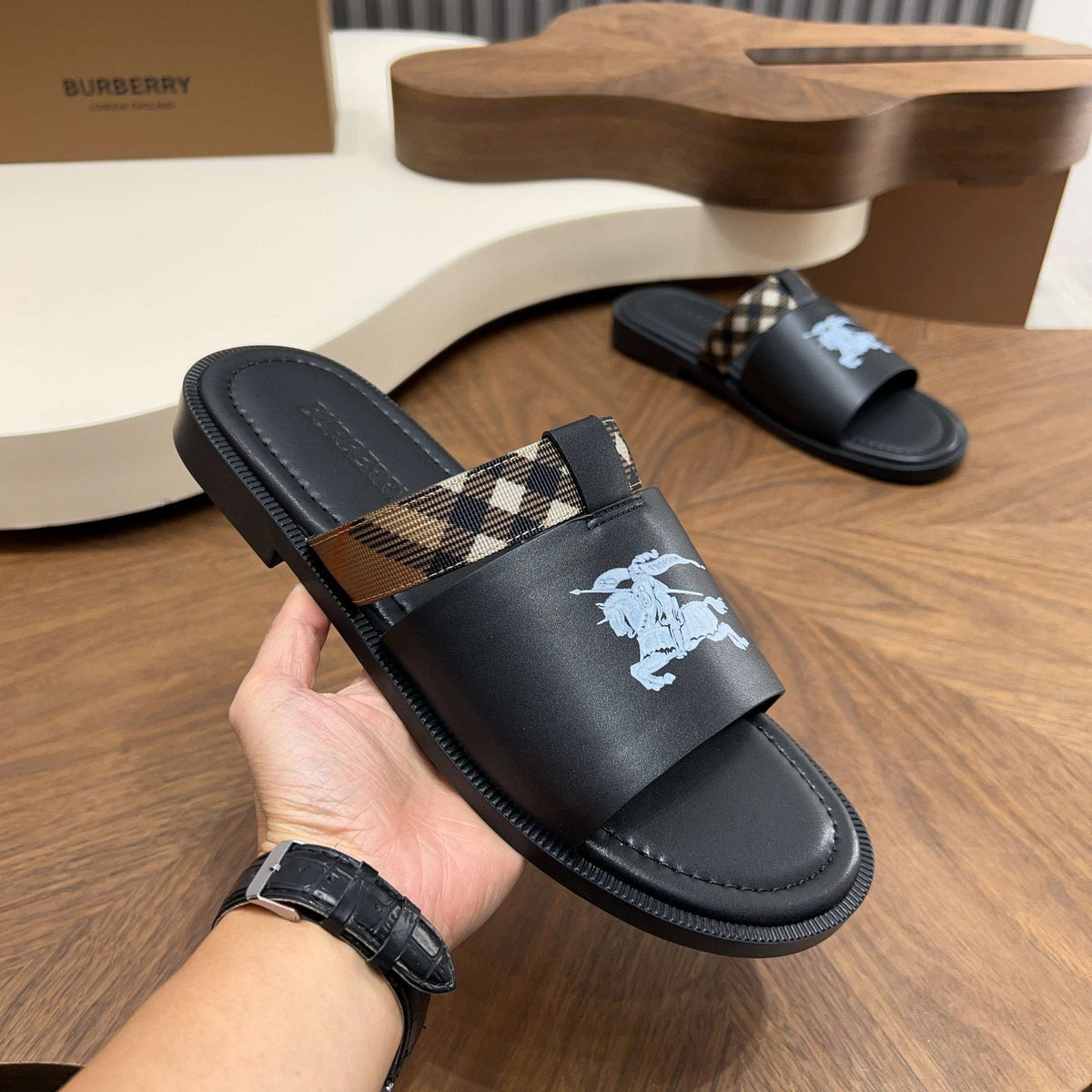 Burberry Checked Accent Slide Sandals — front