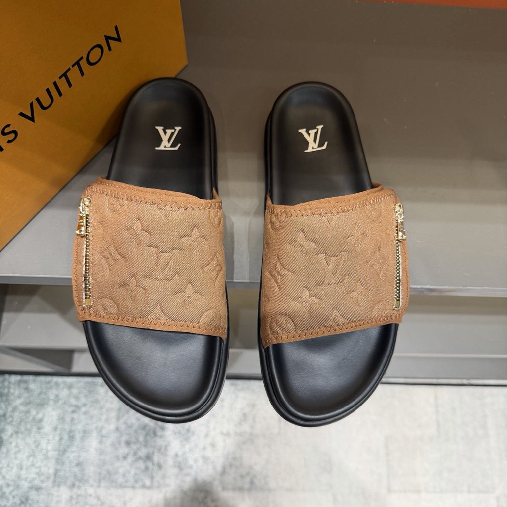 Louis Vuitton Embossed Zip Slide Sandals — front