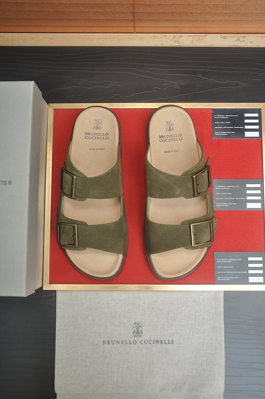 Brunello Cucinelli Tan Double-Buckle Slide Sandals — front