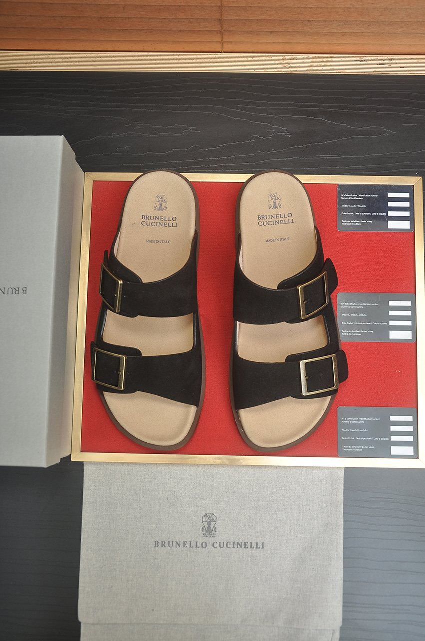 Brunello Cucinelli Tan Double-Buckle Slide Sandals — front