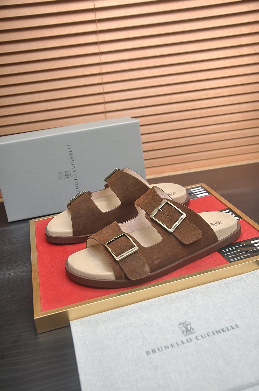 Brunello Cucinelli Tan Double-Buckle Slide Sandals — front