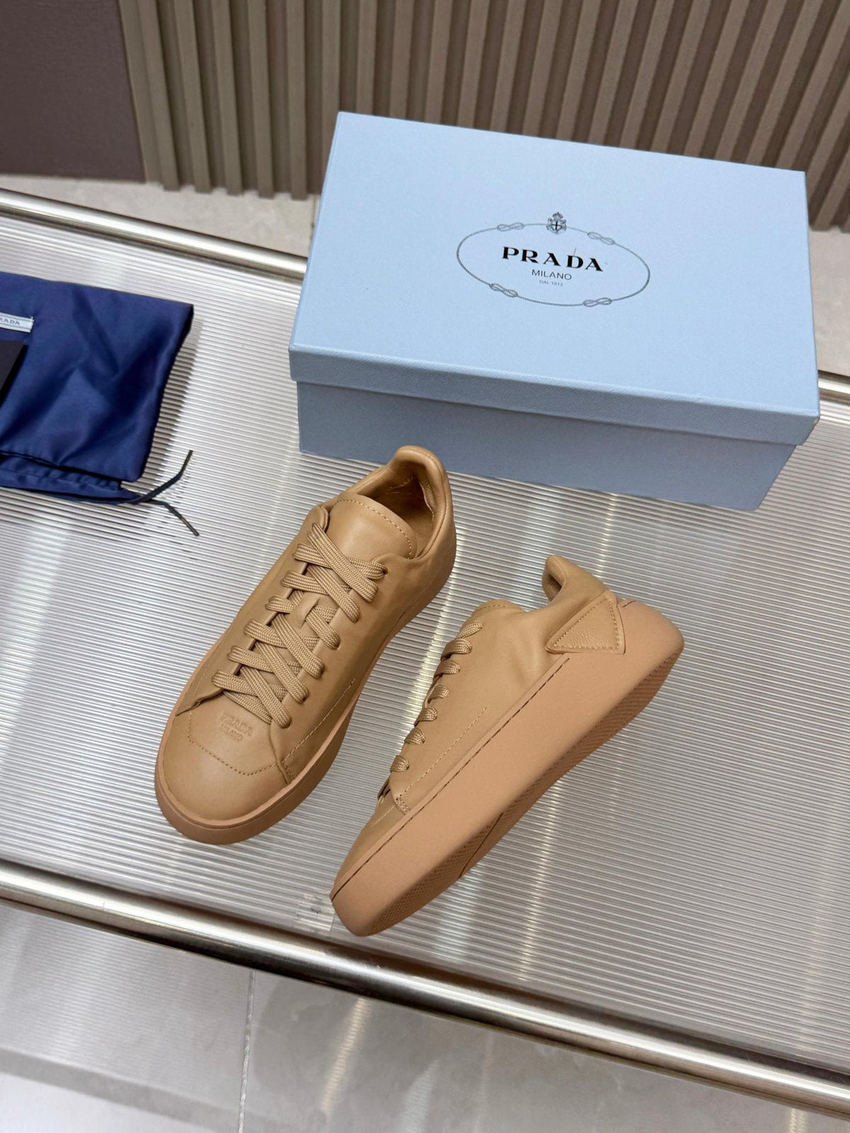 PRADA Tonal Tan Low-Top Sneakers — front