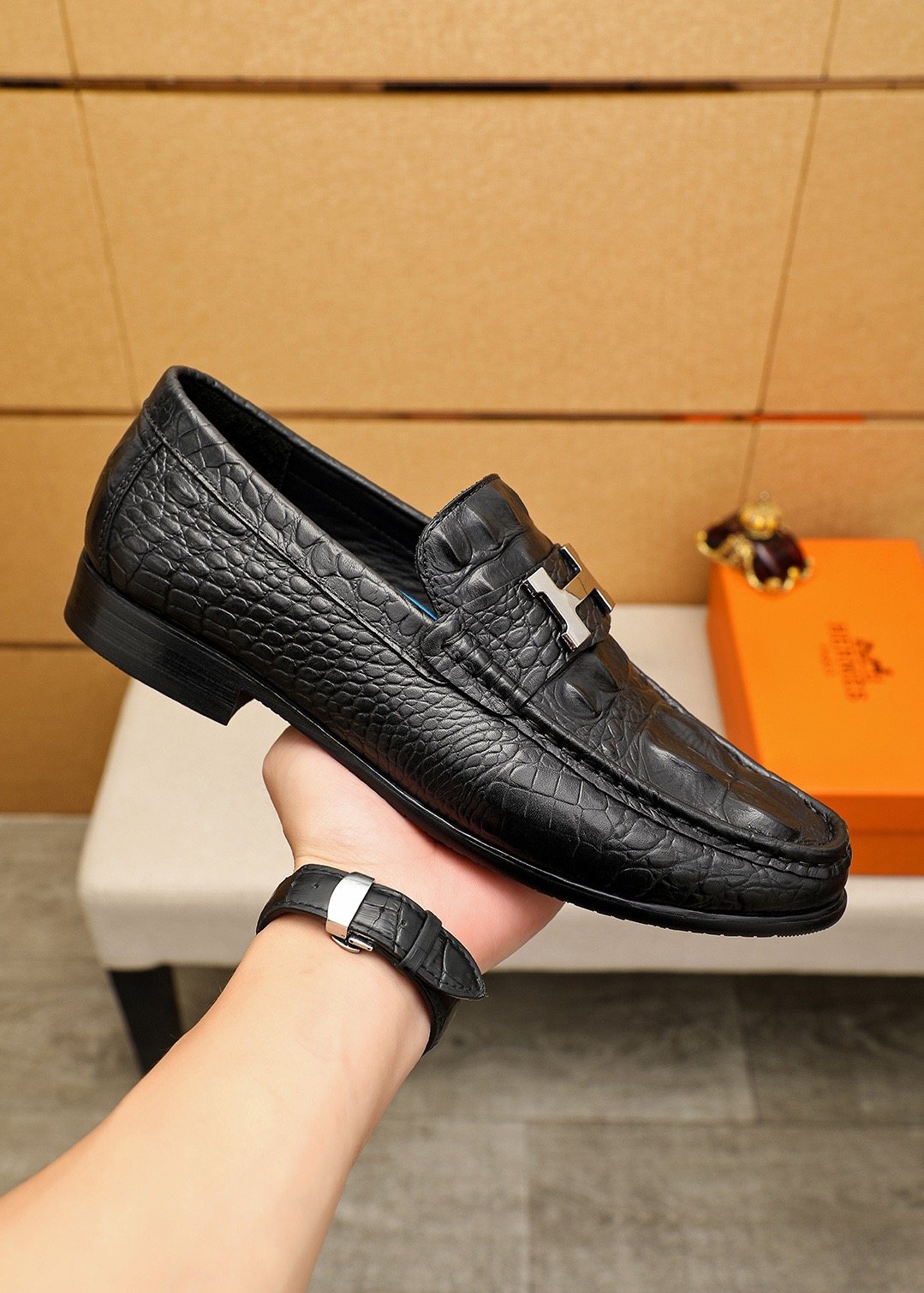 Hermès Crocodile-Embossed H-Hardware Loafers — side