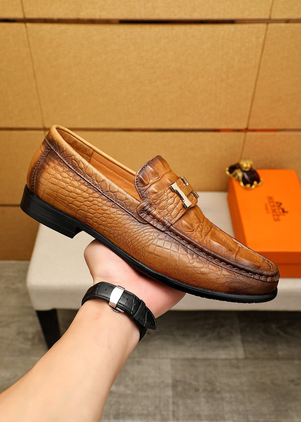 Hermès Crocodile-Embossed H-Hardware Loafers — model