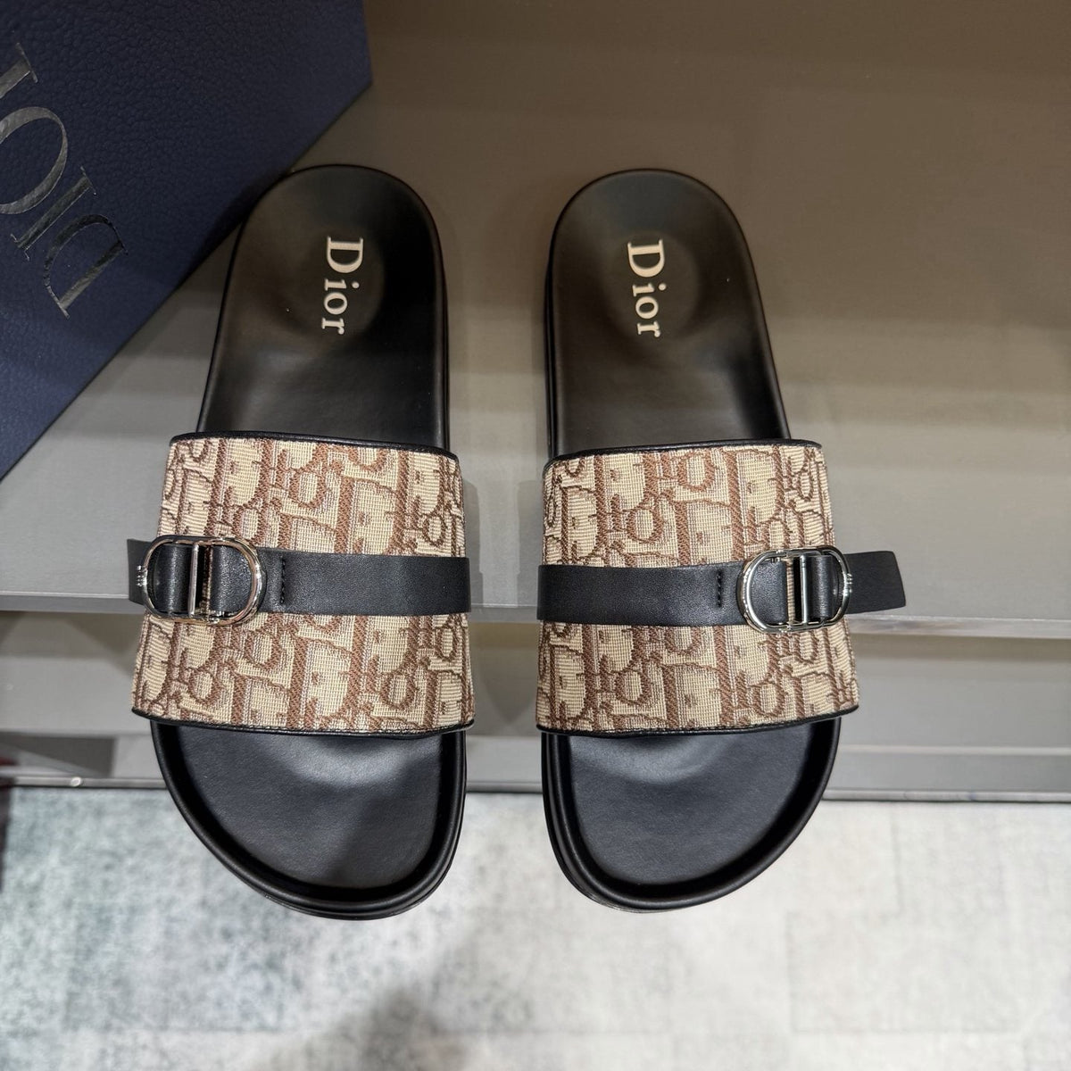 Dior Blue-Gray Pattern Slide Sandals — front