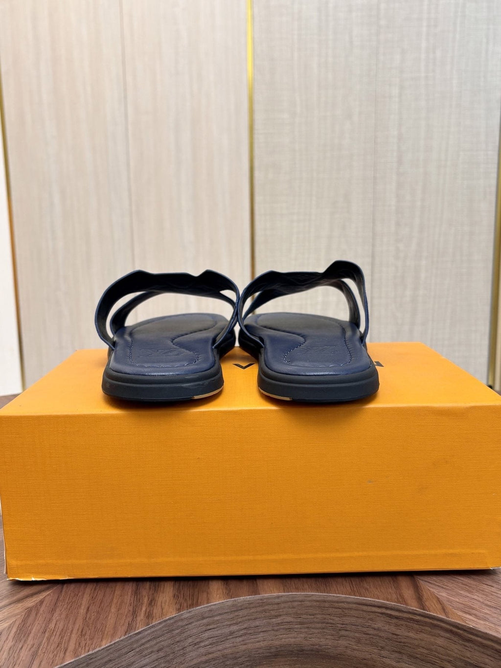 Louis Vuitton Embossed Navy Blue Slide Sandals — back
