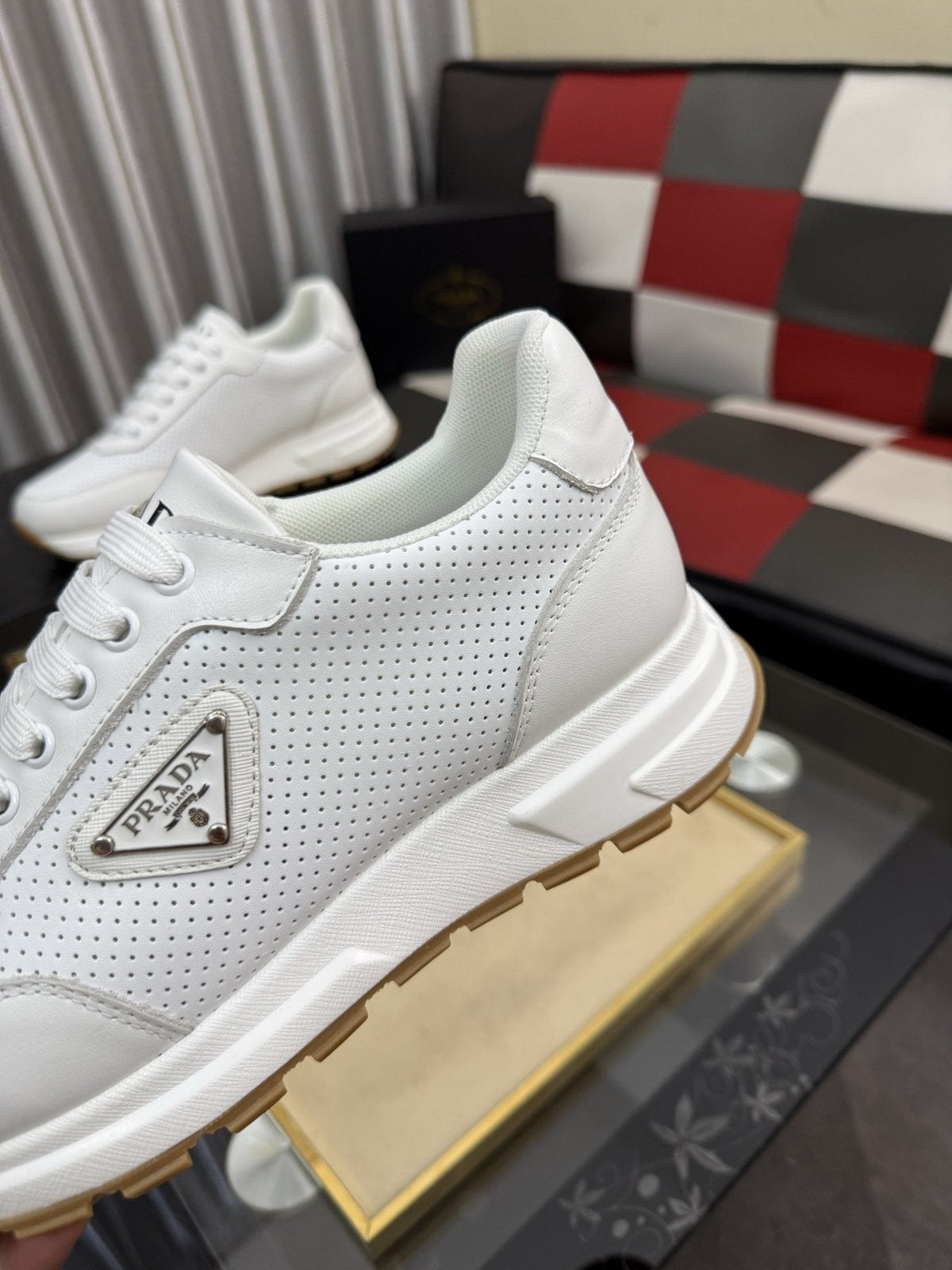 Prada Triangle Plaque Lace-Up Sneakers — detail