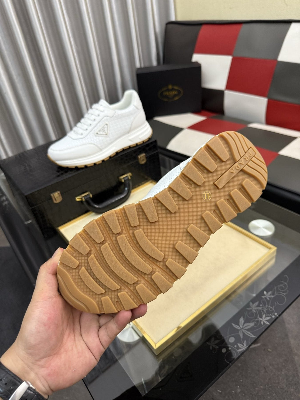 Prada Triangle Plaque Lace-Up Sneakers — side