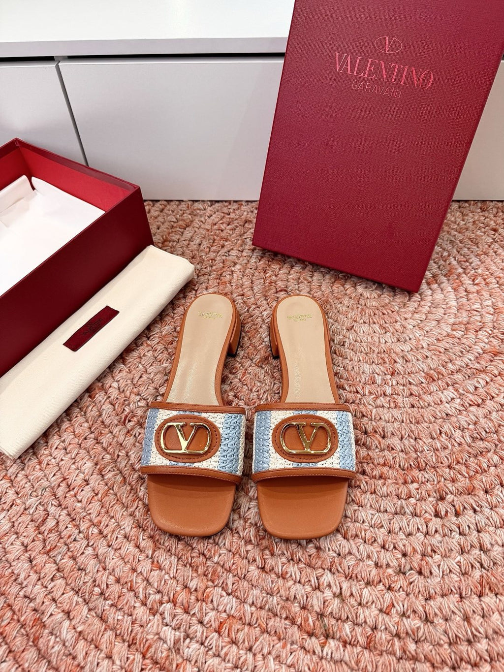 Valentino Brown Woven Strap Slide Sandals — front