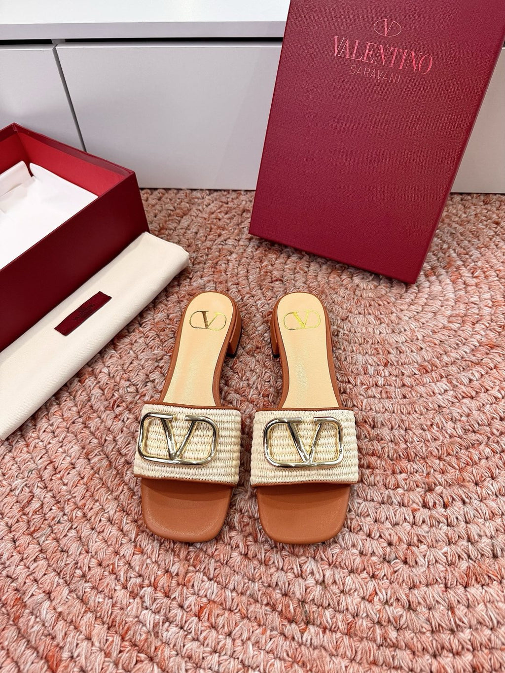 Valentino Brown Woven Strap Slide Sandals — front