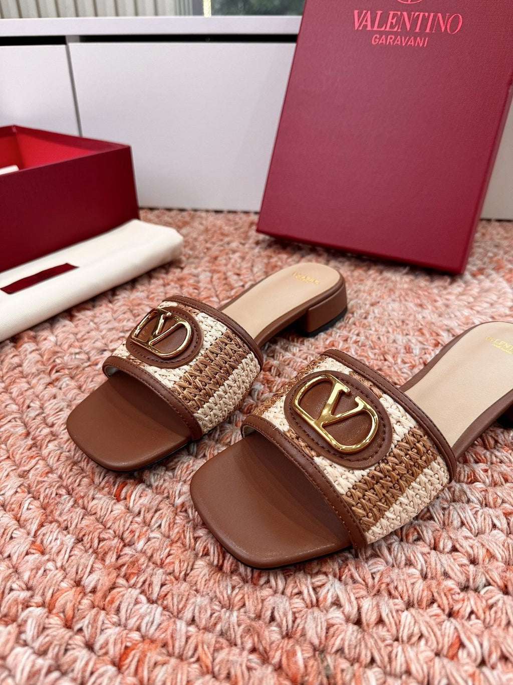 Valentino Brown Woven Strap Slide Sandals — hero