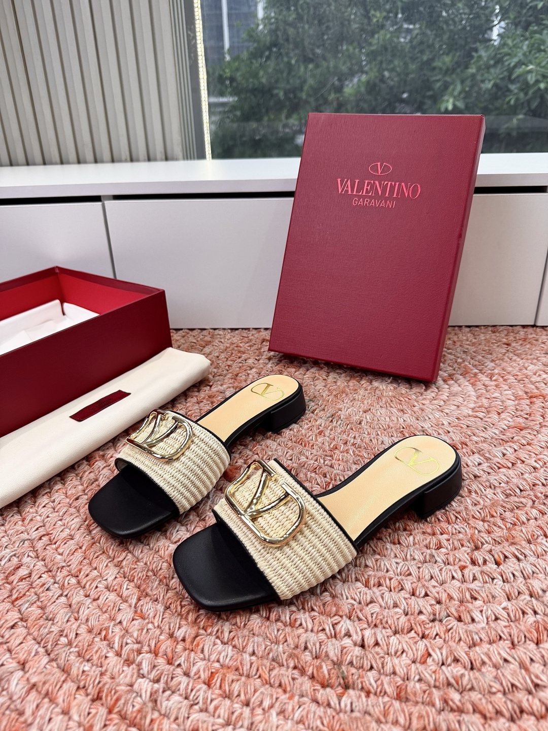 Valentino Brown Woven Strap Slide Sandals — front