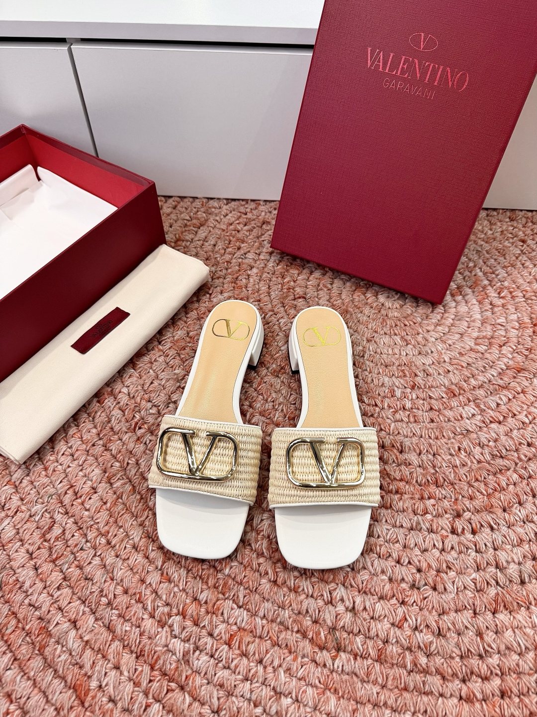 Valentino Brown Woven Strap Slide Sandals — front