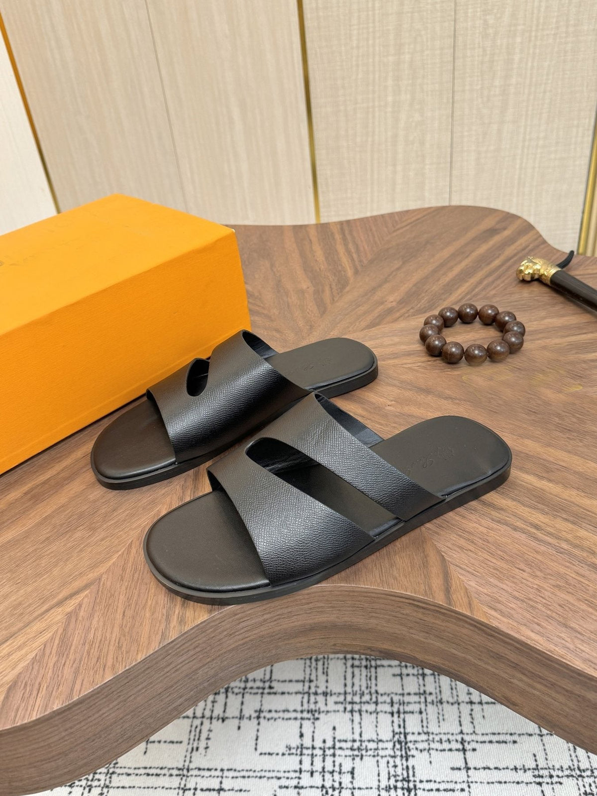 Loro Piana Dark Green Two-Strap Slide Sandals — front
