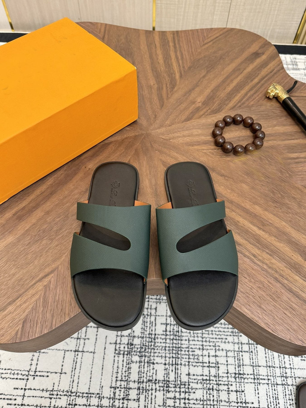 Loro Piana Dark Green Two-Strap Slide Sandals — front