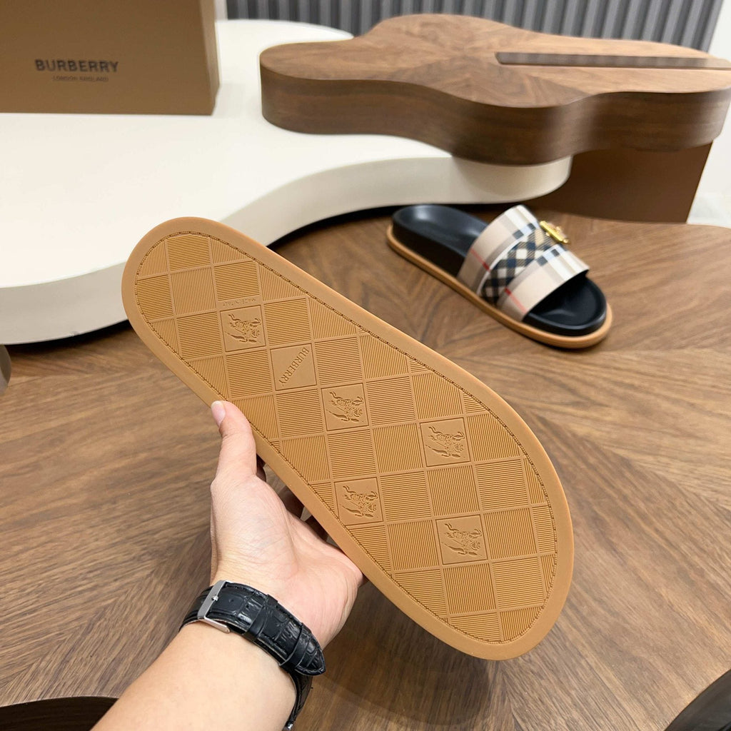 Plaid Buckle Slide Sandals — detail
