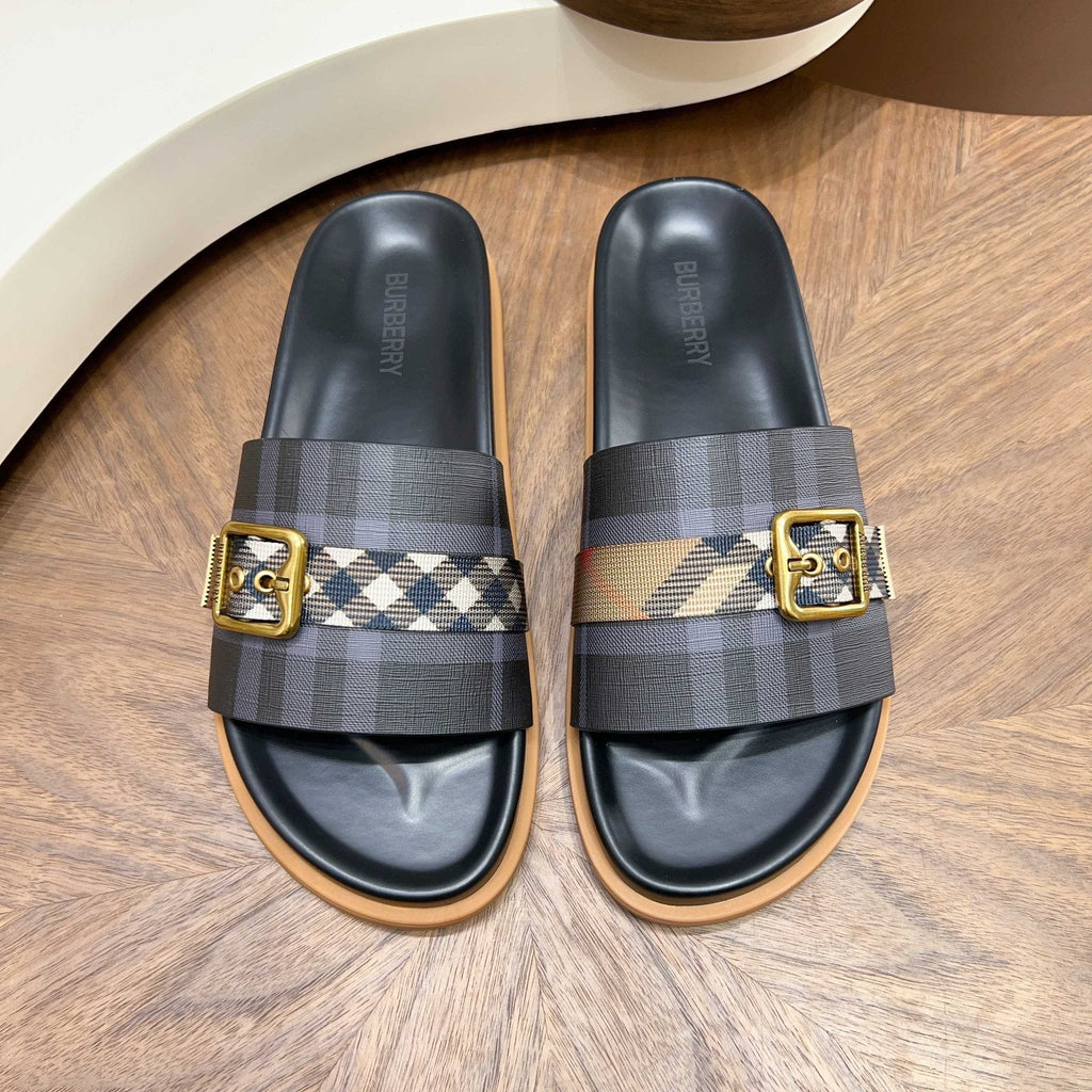 Plaid Buckle Slide Sandals — front