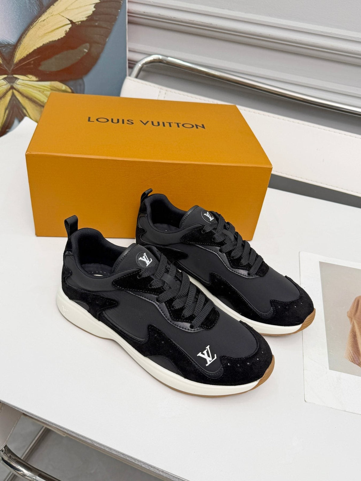 Louis Vuitton Cream Patterned Low-Top Sneakers — side