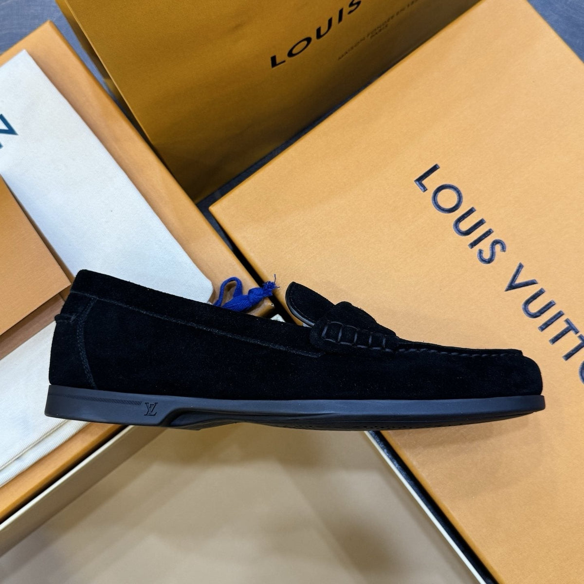 Louis Vuitton Black Suede Loafers — side