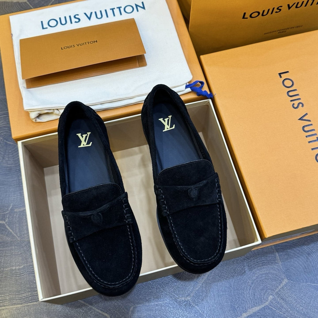 Louis Vuitton Black Suede Loafers — front