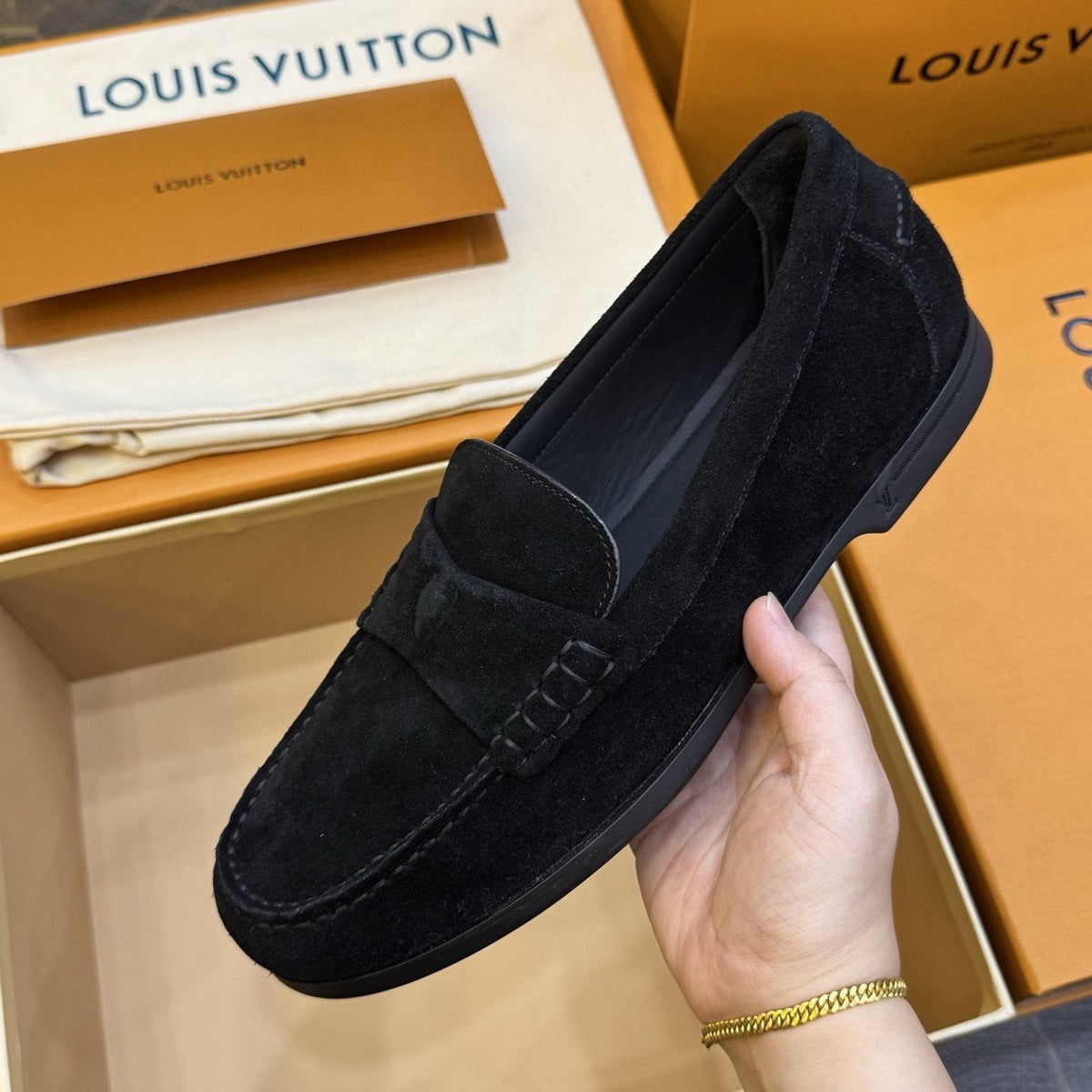 Louis Vuitton Black Suede Loafers — model