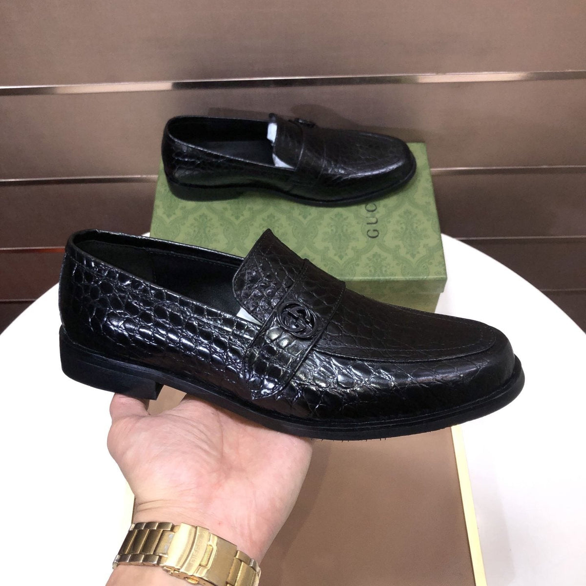 Gucci Black Textured Loafers — side
