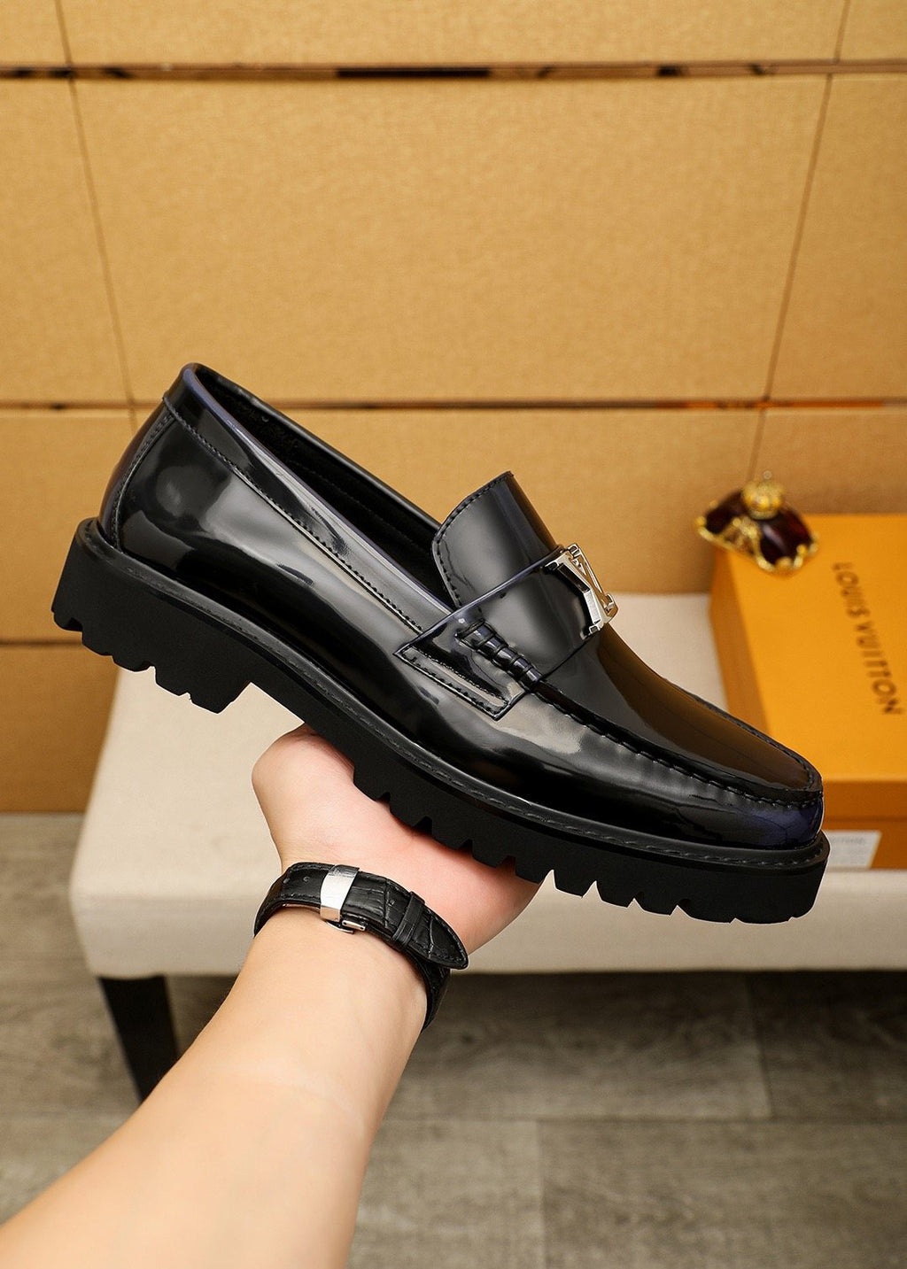 Louis Vuitton Glossy Lug Sole Loafers — model