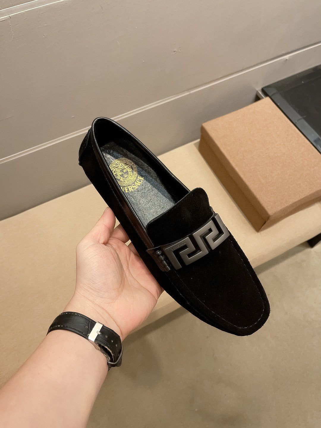Versace Geometric Buckle Loafers — front